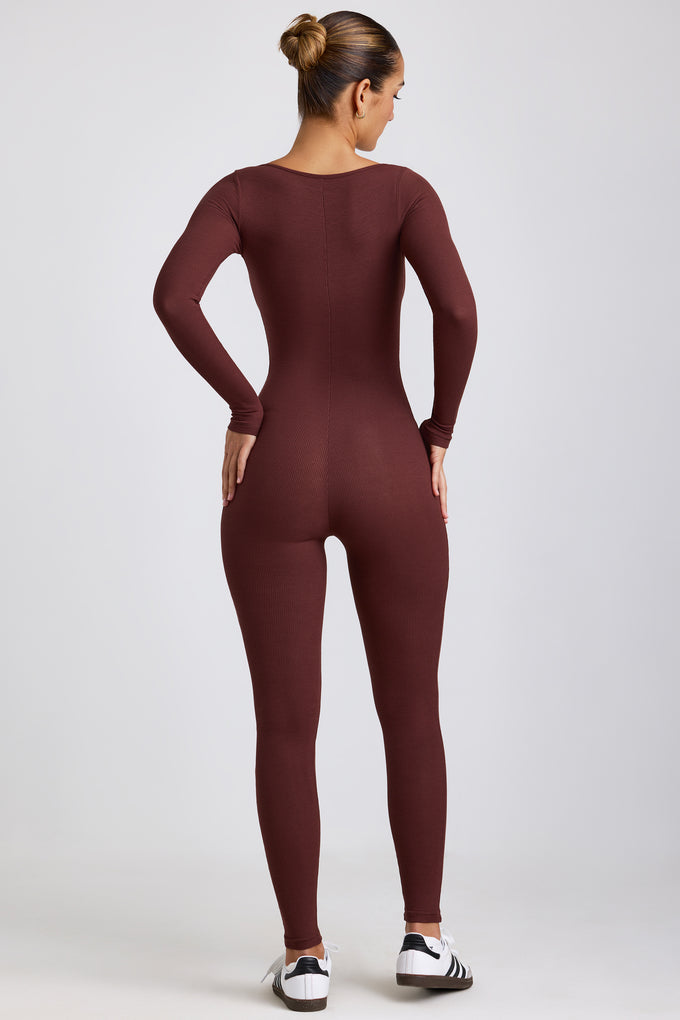Tall Ribbed Modal Long Sleeve Jumpsuit in Espresso