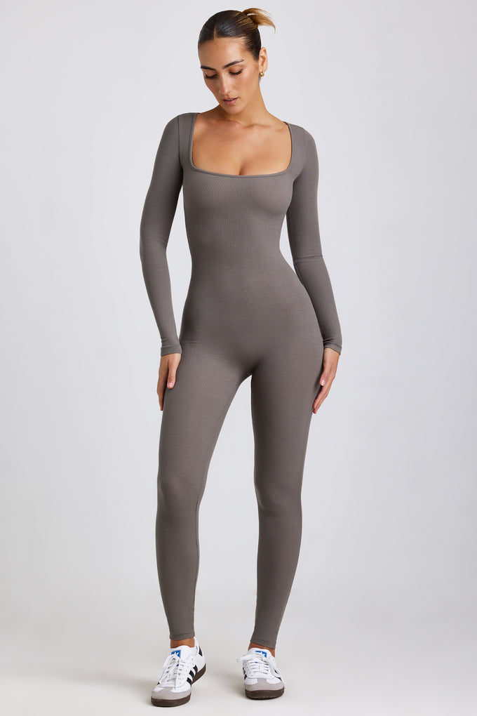Ribbed Modal Long Sleeve Jumpsuit in Grey
