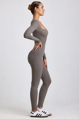Petite Ribbed Modal Long Sleeve Jumpsuit in Grey