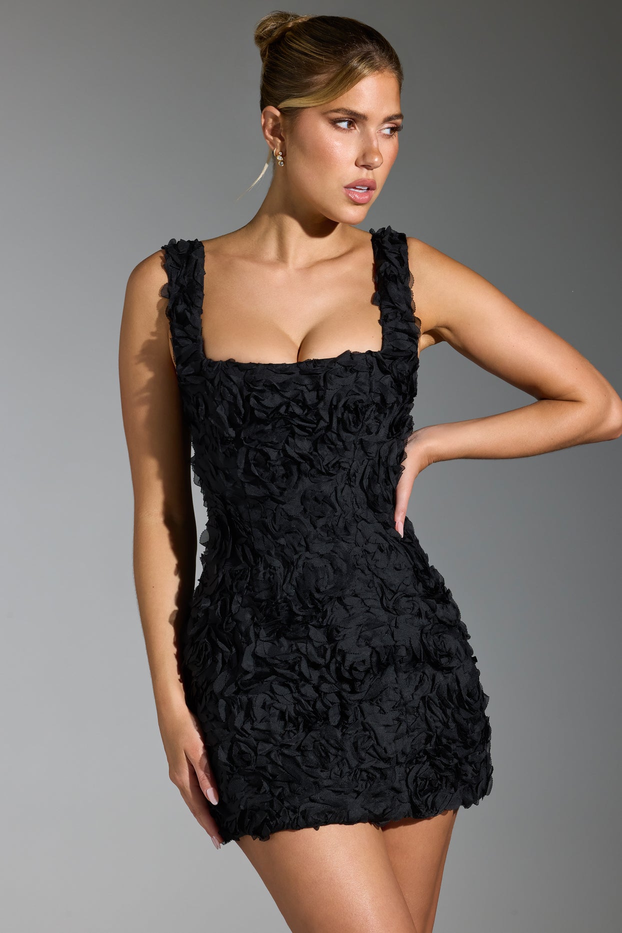 Floral-Appliqué Corset Mini Dress in Black