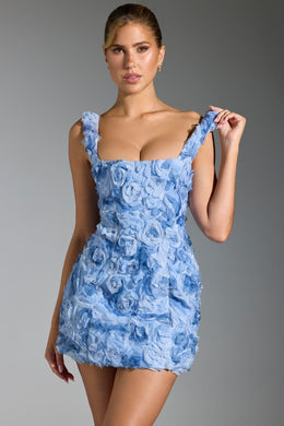 Niebieska gorsetowa sukienka mini z kwiatowymi aplikacjami