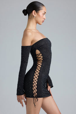 Embellished Lace-Up Off-Shoulder Mini Dress in Black