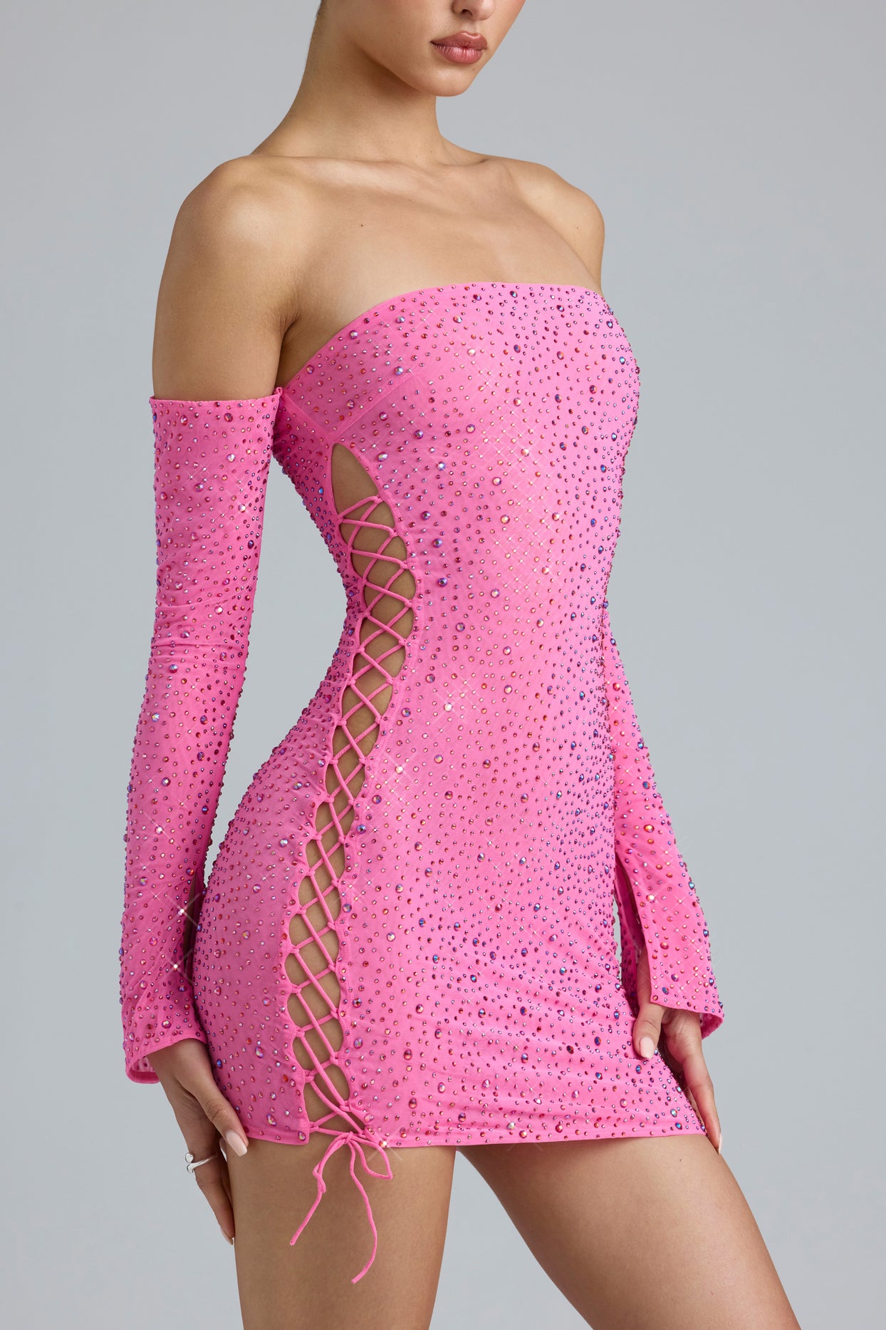 Embellished Lace-Up Off-Shoulder Mini Dress in Bubblegum Pink - 5