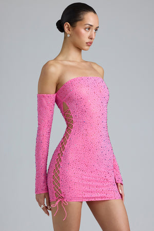 Jade Embellished Lace-Up Off-Shoulder Mini Dress in Bubblegum Pink