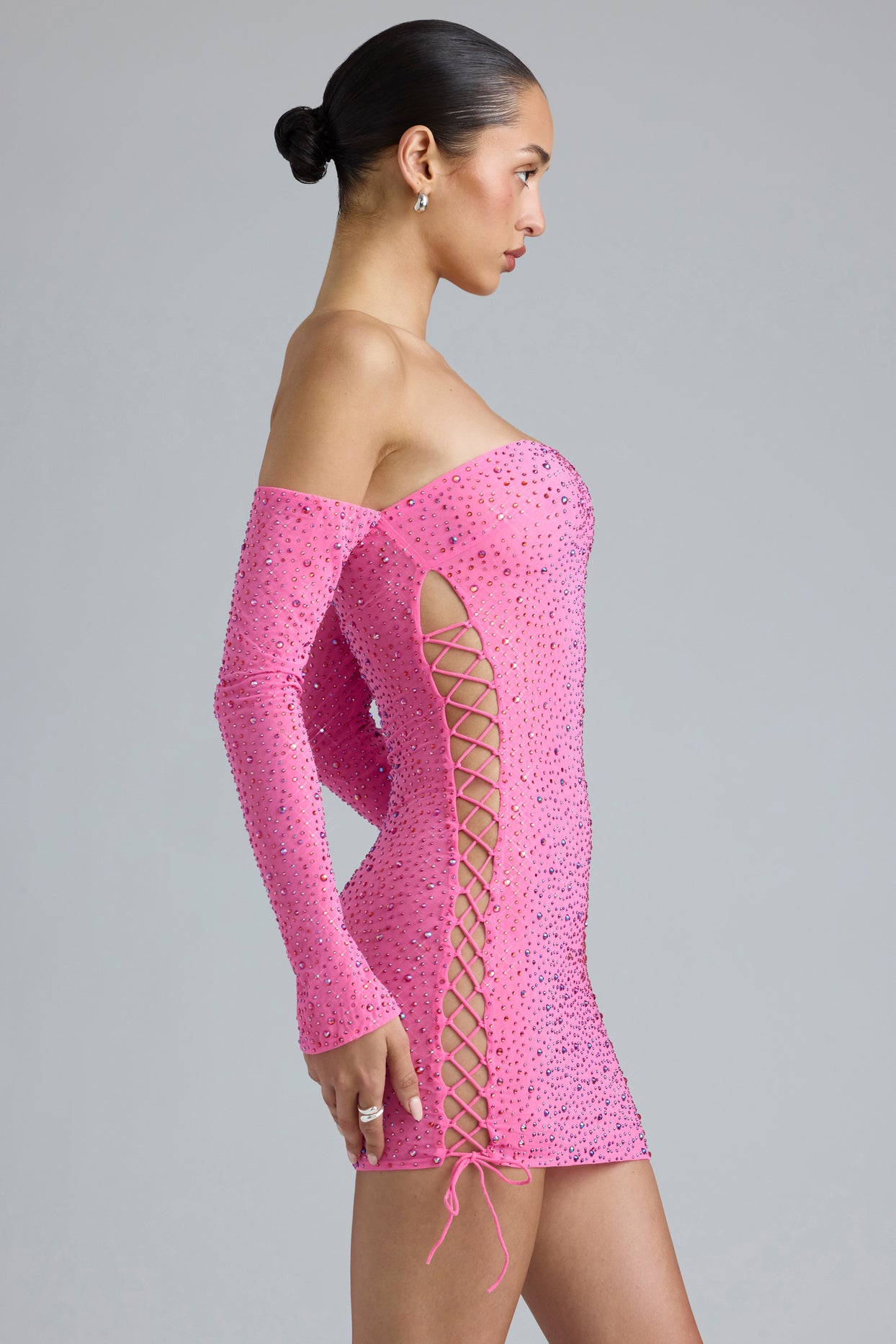 Embellished Lace-Up Off-Shoulder Mini Dress in Bubblegum Pink