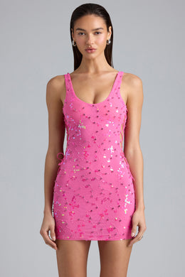 Embellished Lace-Up Mini Dress in Bubblegum Pink
