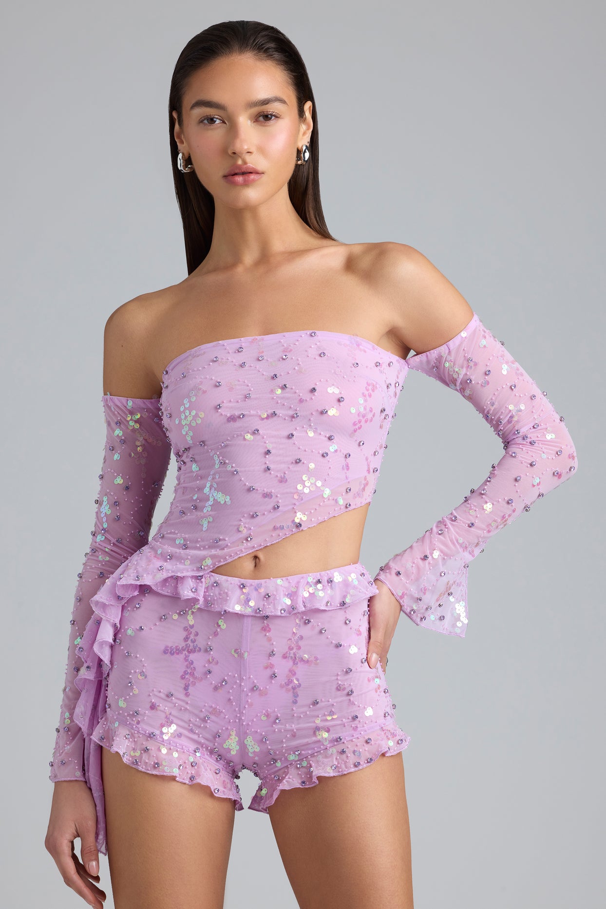 Ruffle Mid-Rise Hot Pant Shorts in Violet Pink - 6