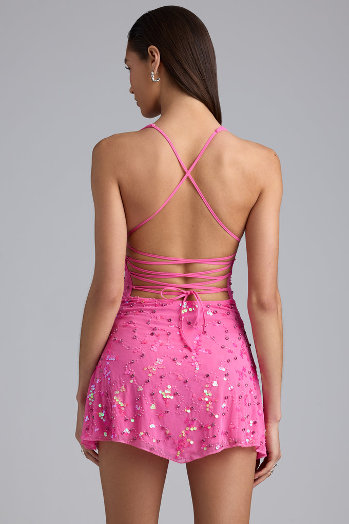 Embellished Multi-Strap Mini Dress in Bubblegum Pink