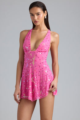 Embellished Multi-Strap Mini Dress in Bubblegum Pink