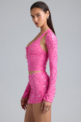 Embellished Cut-Out Halterneck Top in Bubblegum Pink