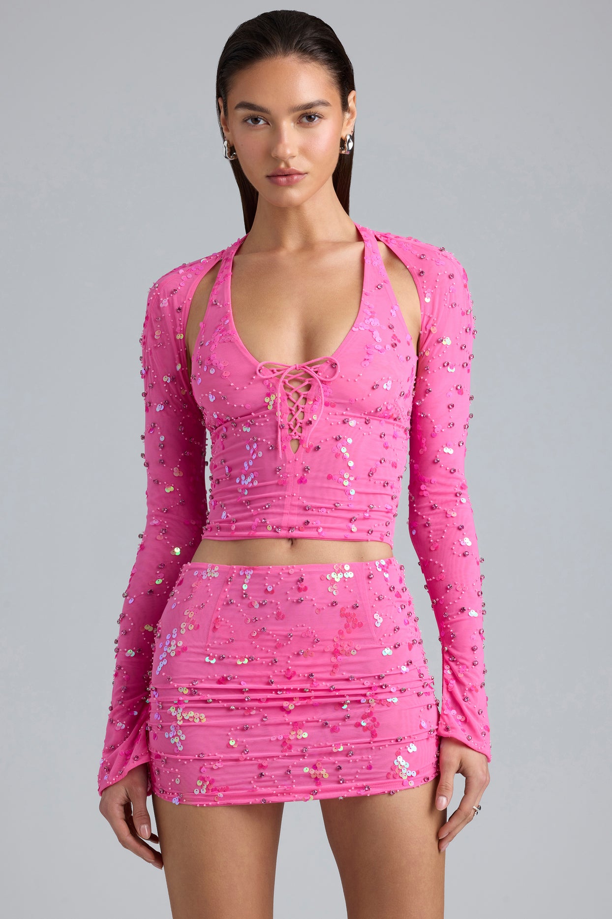 Embellished Cut-Out Halterneck Top in Bubblegum Pink
