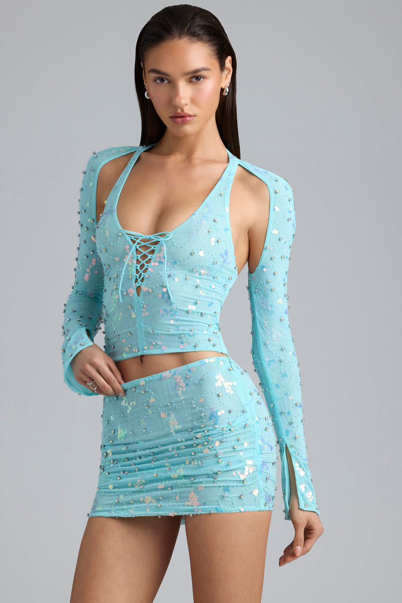 Embellished Cut-Out Halterneck Top in Ice Blue - 1