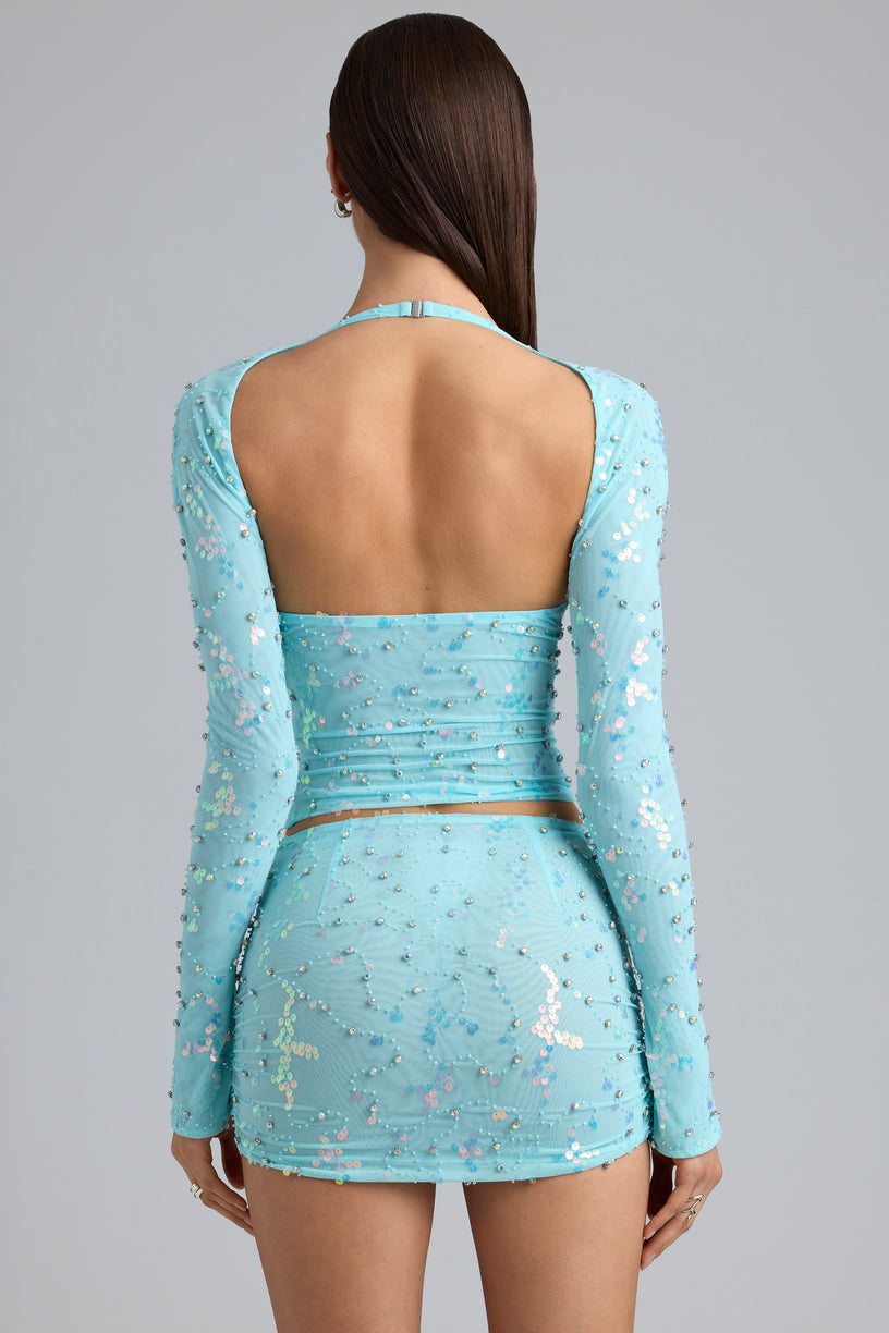 Ruched Mid-Rise Micro Mini Skirt in Ice Blue - 2