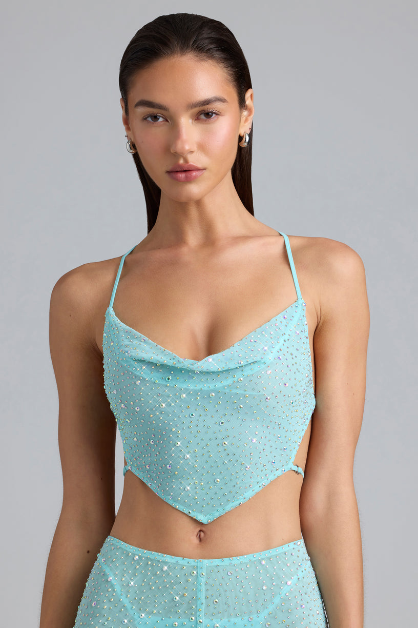 Embellished Cowl-Neck Crop Top in Ice Blue - 1