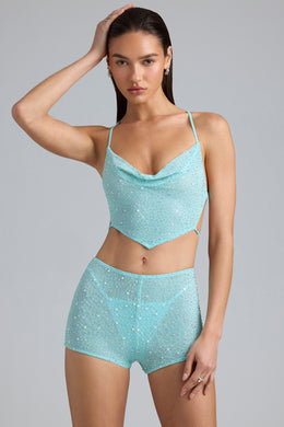 Embellished Mid-Rise Hot Pant Shorts in Ice Blue