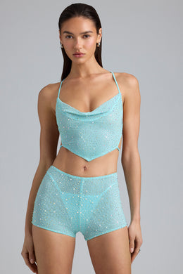 Embellished Mid-Rise Hot Pant Shorts in Ice Blue