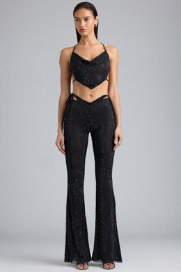 Tall Embellished Cut-Out Flared Trousers in Black