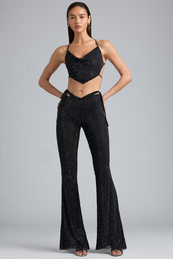Petite Embellished Cut-Out Flared Trousers in Black