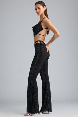 Tall Embellished Cut-Out Flared Trousers in Black