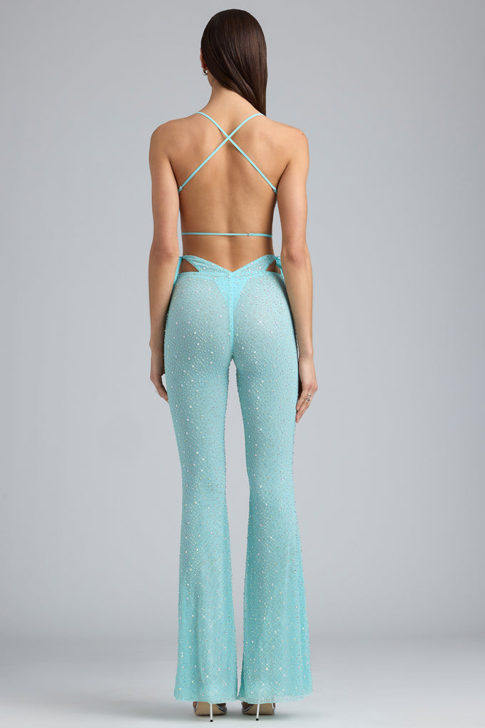 Tall Embellished Cut-Out Flared Trousers in Ice Blue