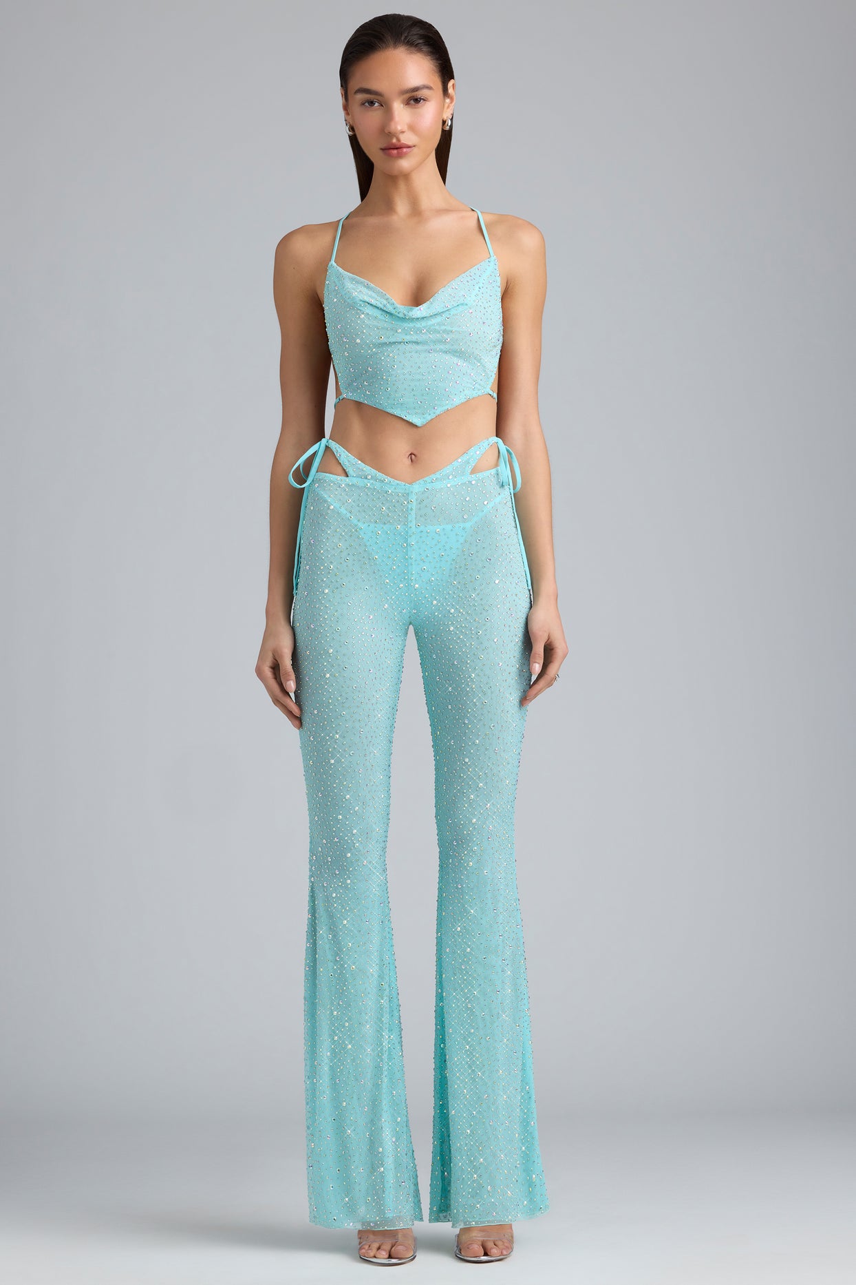 Tall Embellished Cut-Out Flared Trousers in Ice Blue