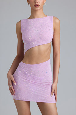 Ozdobna sukienka mini z wycięciem w kolorze fioletowo-różowym