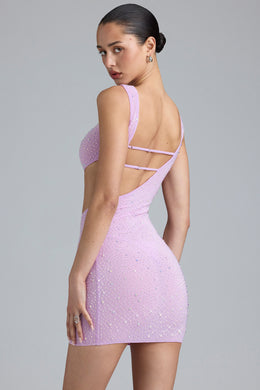 Ozdobna sukienka mini z wycięciem w kolorze fioletowo-różowym