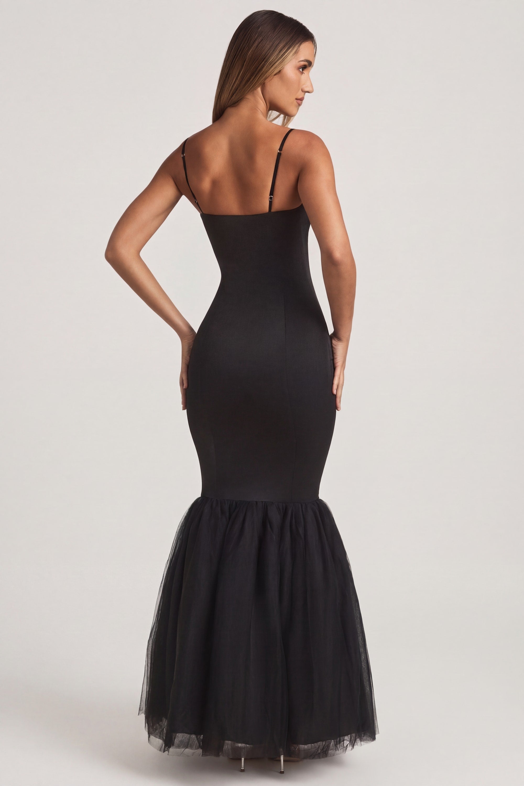 Tulle Hem Fishtail Gown in Black
