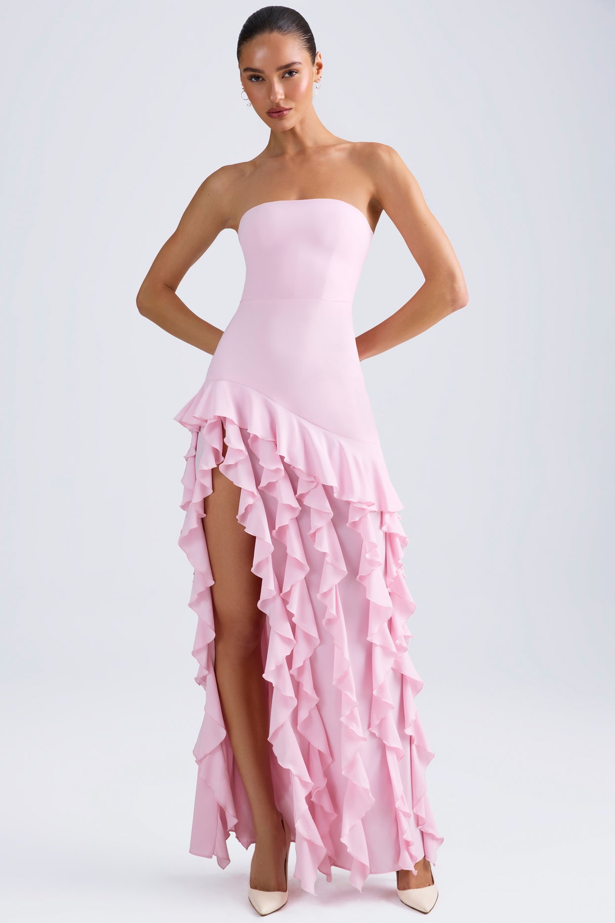 Diletta Ruffle-Trim Strapless Gown in Light Pink | Oh Polly