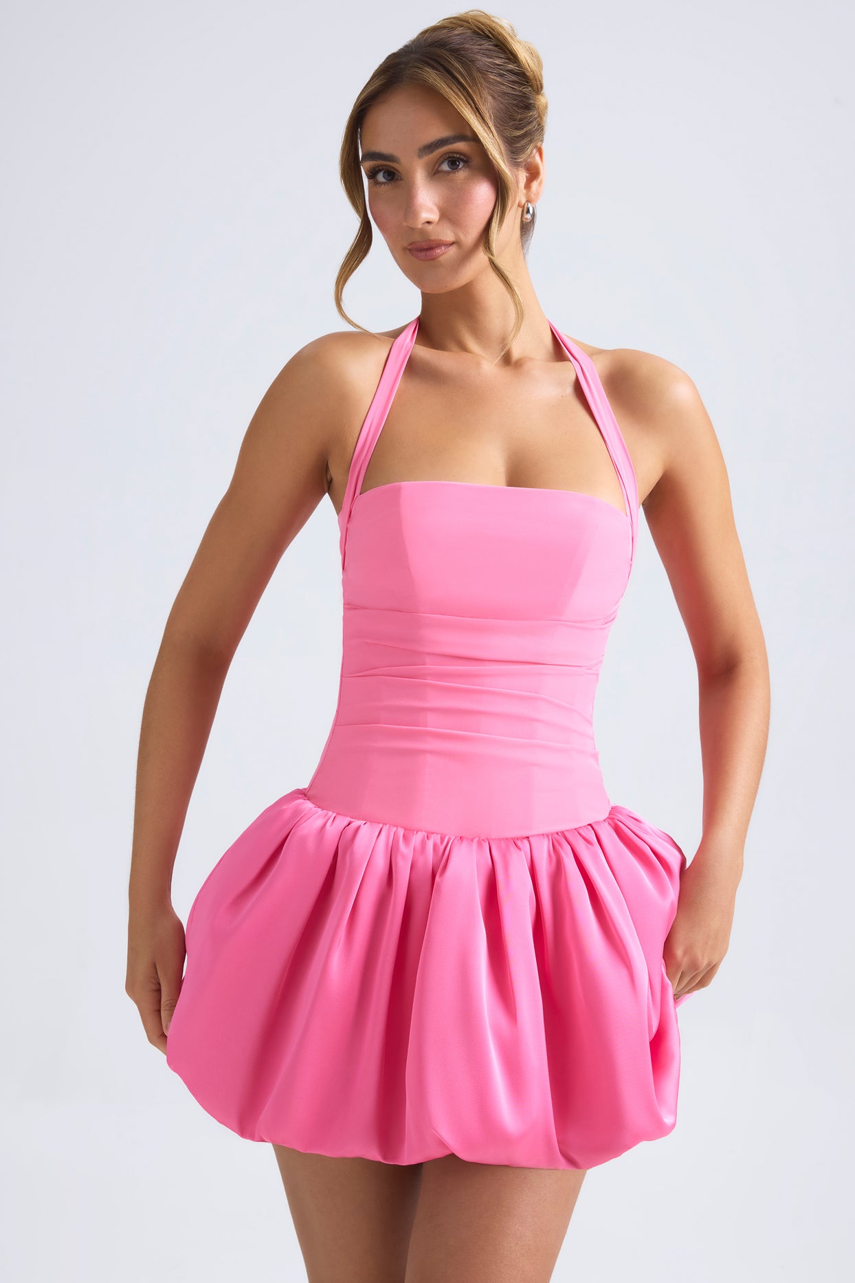 Halterneck Lace-Up Bubble Hem Corset Micro Mini Dress in Hot Pink - 7
