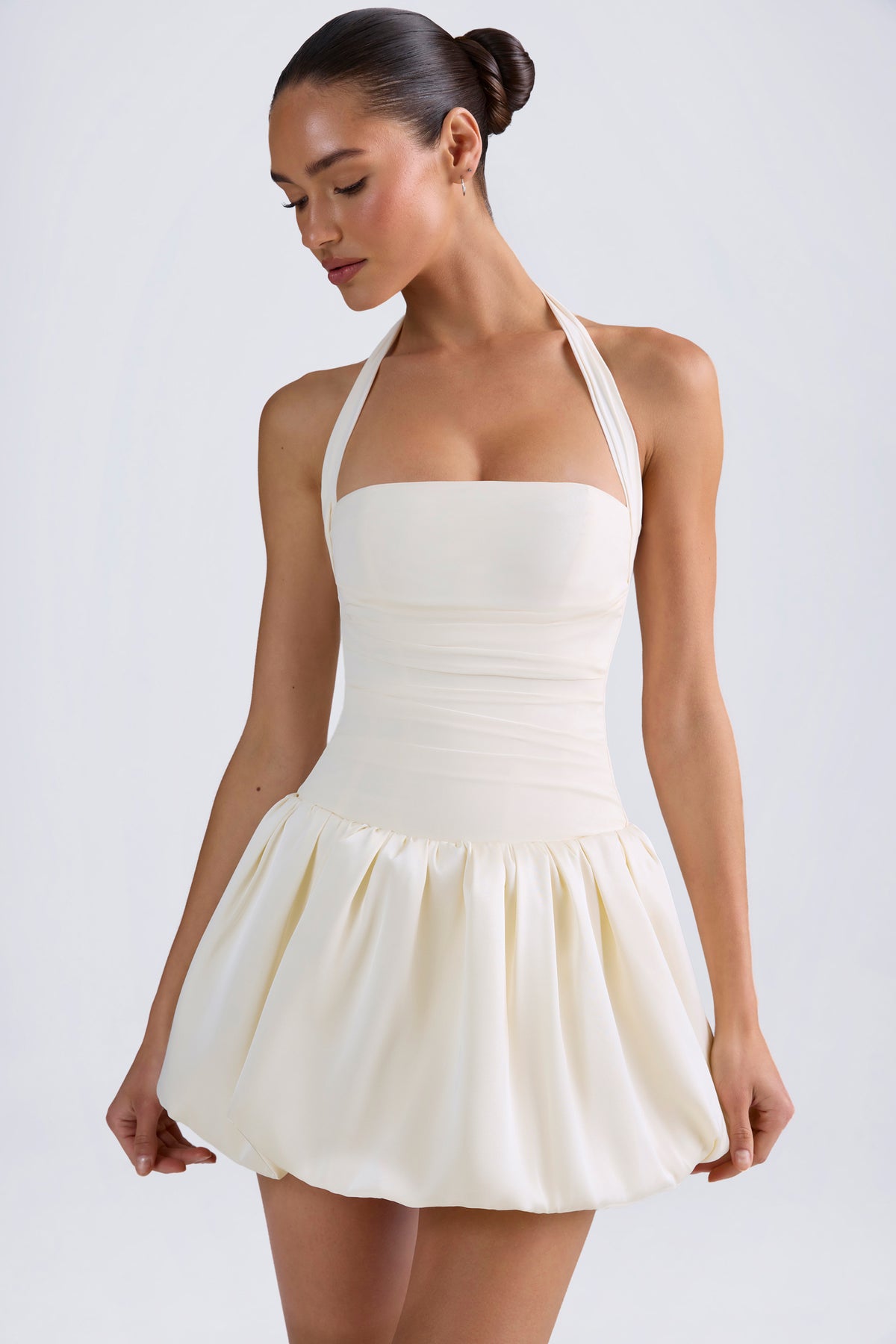 Look Mini Ludmila Halterneck Lace-Up Bubble Hem Corset Micro Mini Dress in Ivory ...