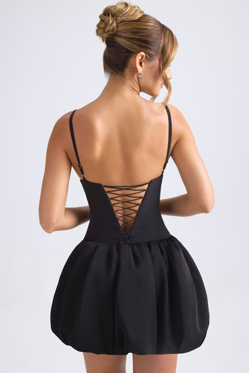 Lace-Up Bubble Hem Corset Micro Mini Dress in Black - 2