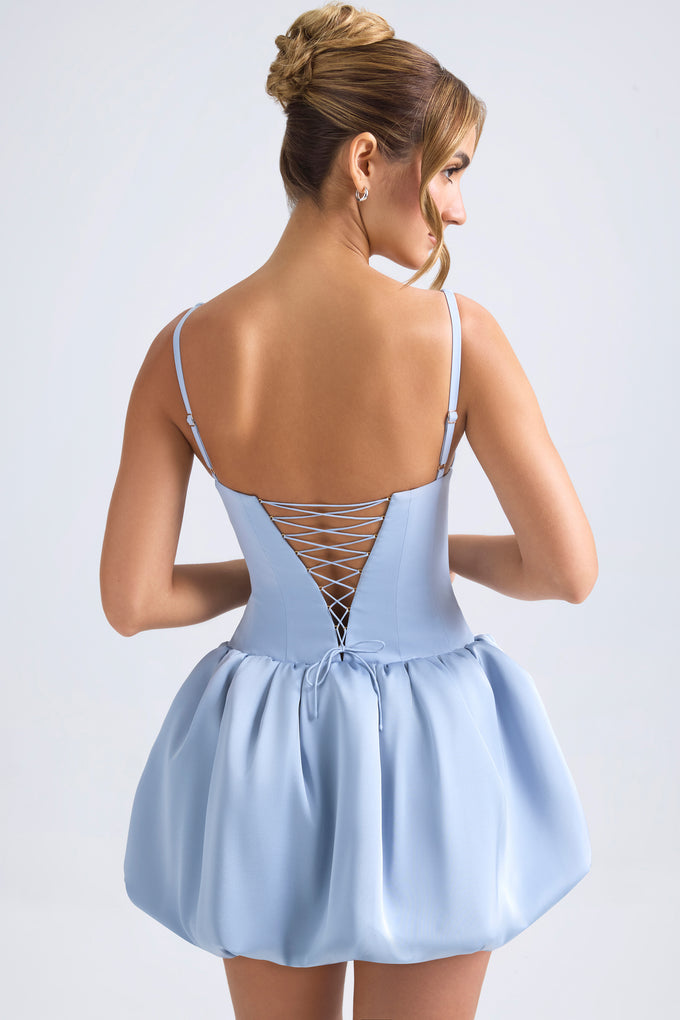 Lace-Up Bubble Hem Corset Micro Mini Dress in Light Blue