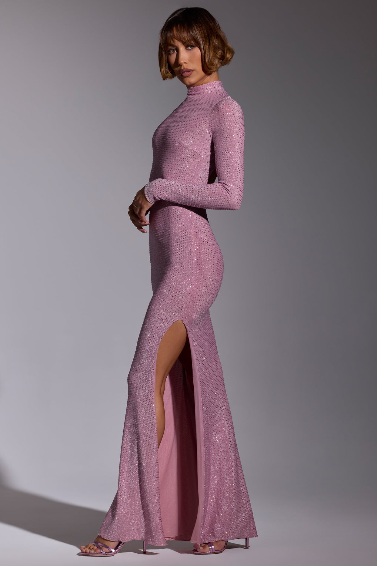Embellished Long Sleeve Evening Gown in Light Pink