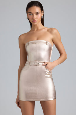 Metallic Denim Belted Strapless Mini Dress in Champagne