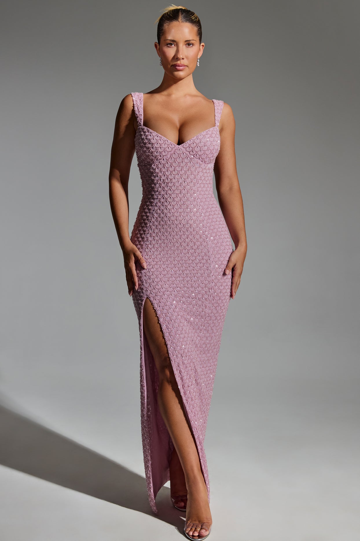embellished open back maxi dress in mauve Andrea and Leo -A1356 High Neck Embellished Sequin A-Line Dress 10 / MAUVE
