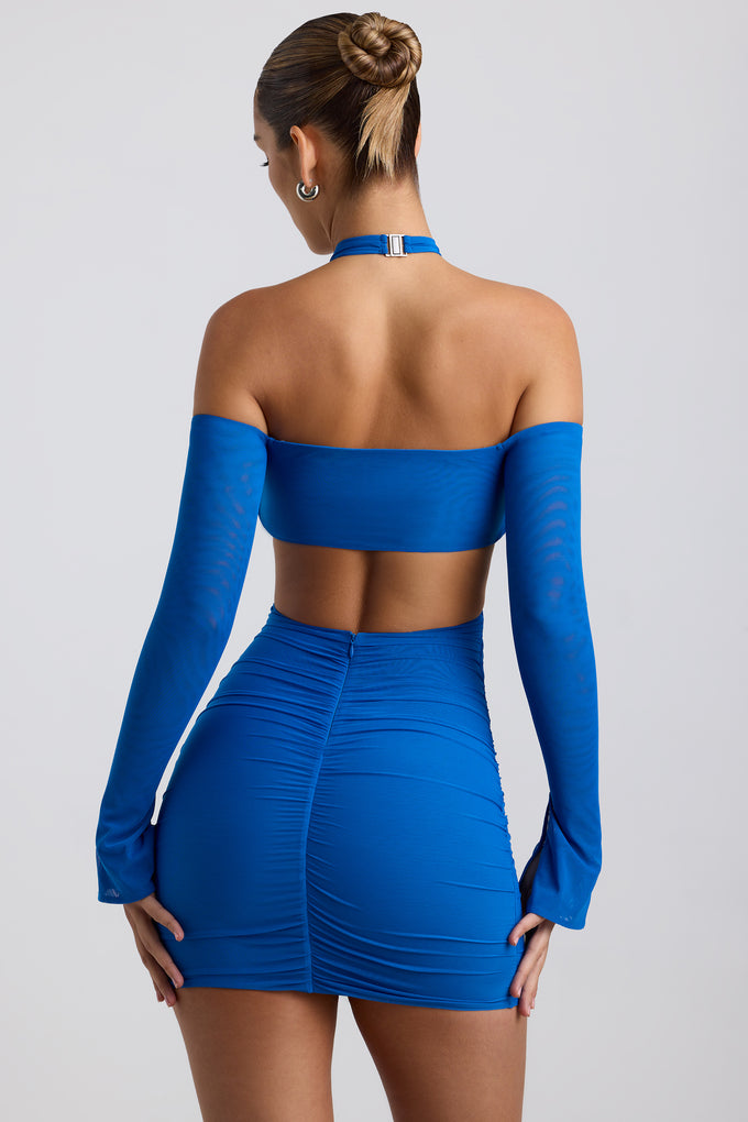 Off-Shoulder Ruched Cut-Out Mini Dress in Cobalt Blue