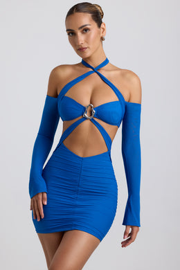 Off-Shoulder Ruched Cut-Out Mini Dress in Cobalt Blue