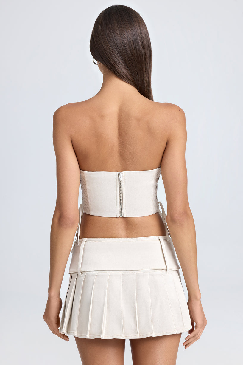 Belted Pleated Low-Rise Micro Mini Skirt in Ecru - 2
