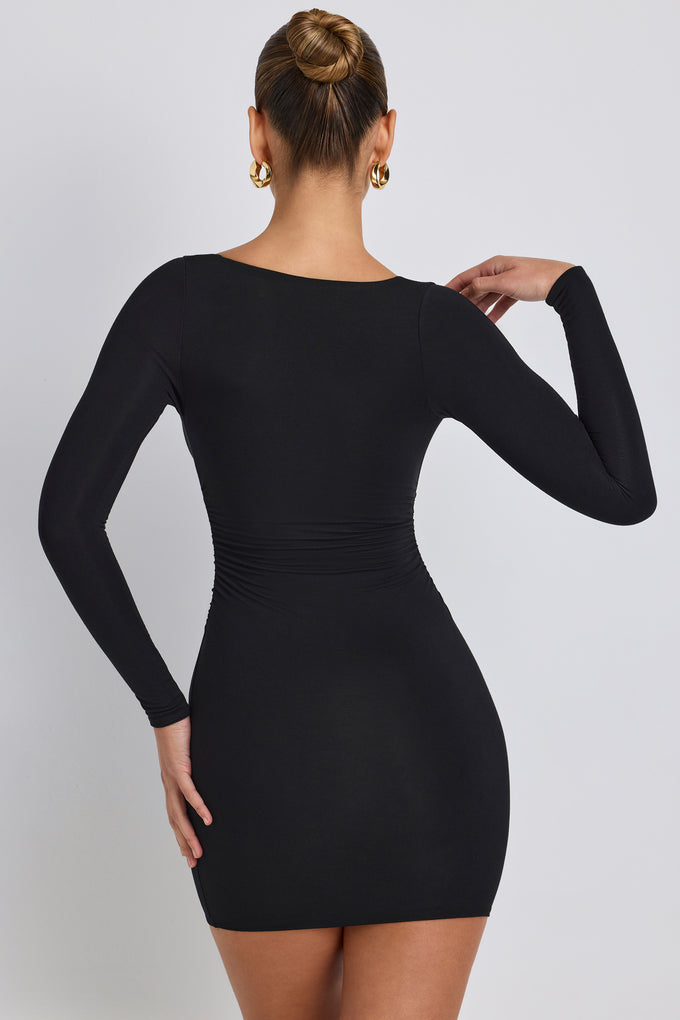 Mini-robe froncée à manches longues en modal, noire