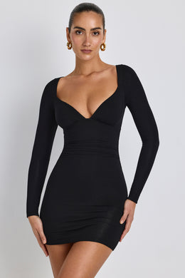 Modal Ruched Long-Sleeve Mini Dress in Black