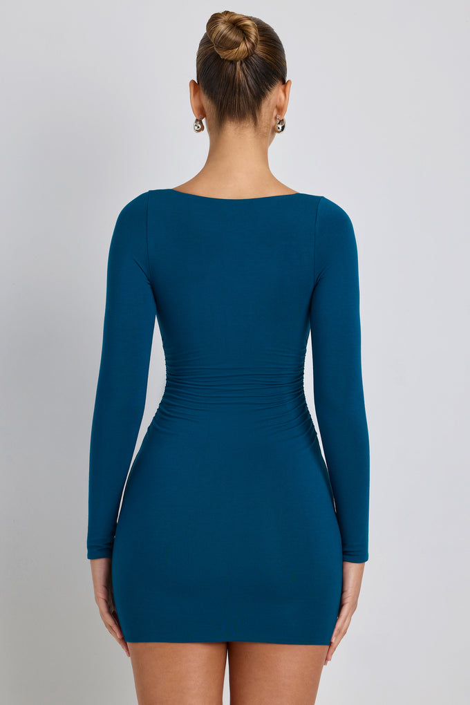 Modal Ruched Long-Sleeve Mini Dress in Deep Teal