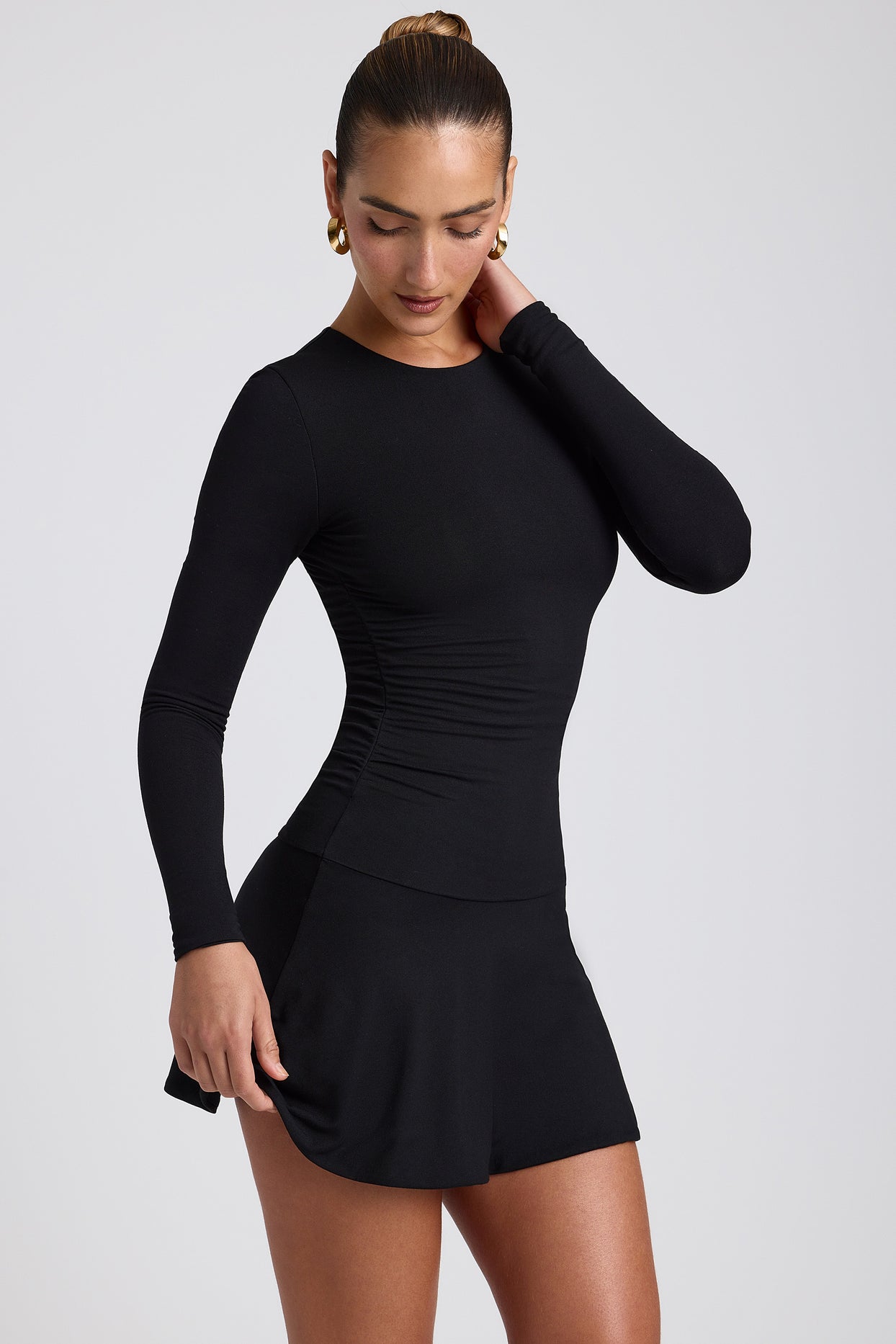 Modal Ruched Crew-Neck Mini Dress in Black