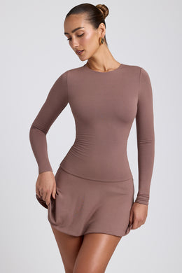 Modal Ruched Crew-Neck Mini Dress in Taupe