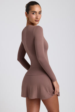 Modal Ruched Crew-Neck Mini Dress in Taupe