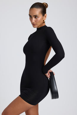 Modal Open-Back Long-Sleeve Mini Dress in Black