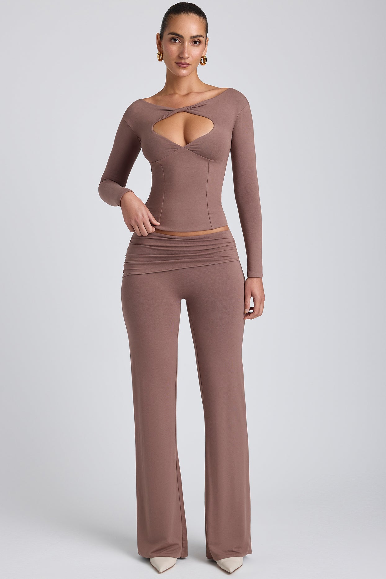 Modal Mid-Rise Straight-Leg Trousers in Taupe