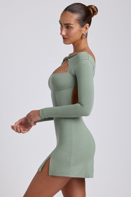 Mini-robe torsadée en modal à manches longues, vert sauge