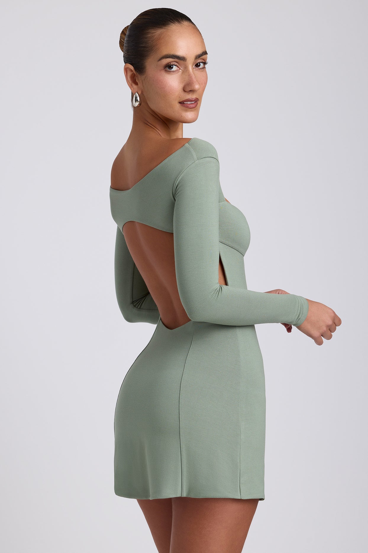 Modal Twist-Front Long-Sleeve Mini Dress in Sage Green - 6