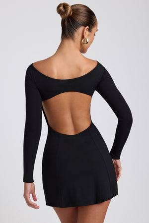 modal twist-front long-sleeve mini dress in black Charmine Mini Dress - Twist Front Long Sleeve Dress in Black